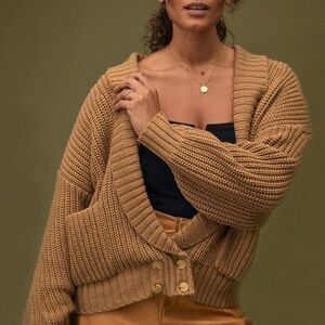 By Anthropologie Tan knit Deep V Wool blend Cardigan sweater